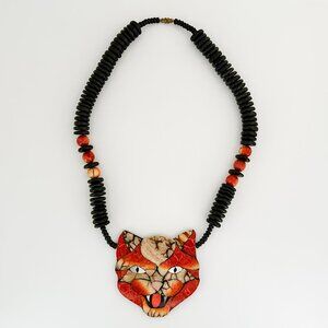 Vintage Lee Sands Tiger Cat Necklace Shell Inlay Wild Native Witchy Boho